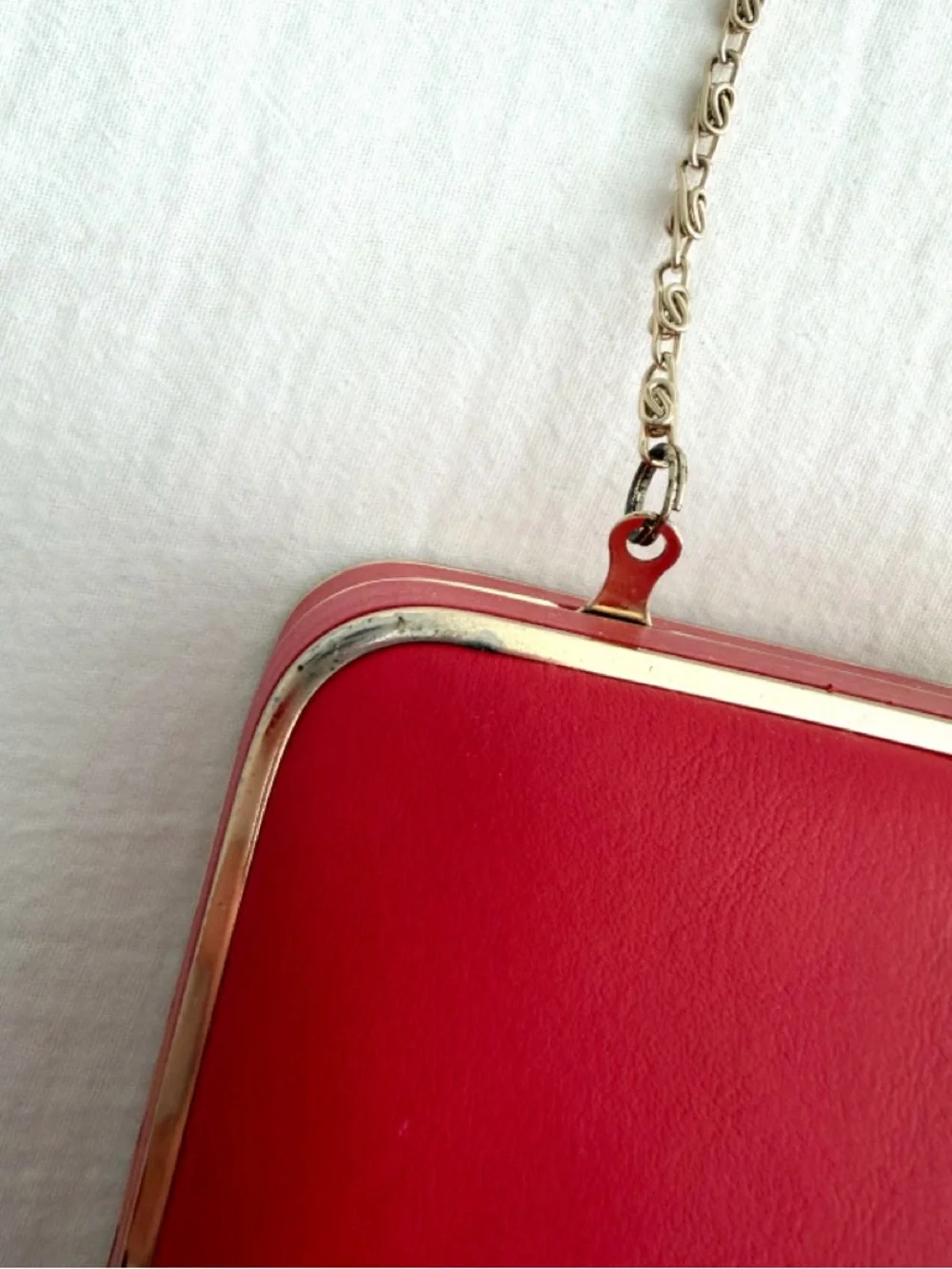 J. McLaughlin Small Red & Gold Leather Clutch Shoulder Purse w/ Gold Chain